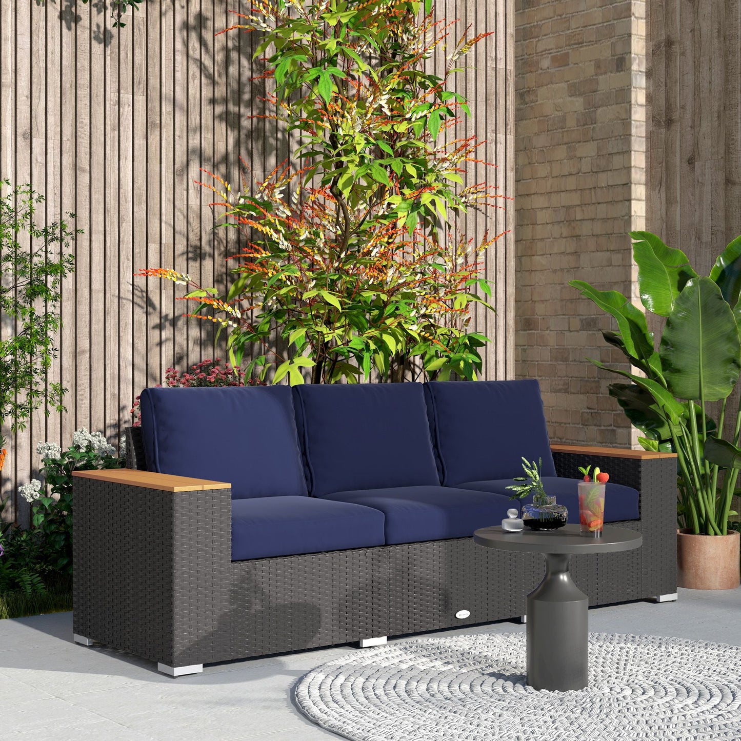 Outsunny 3 - Seat Outdoor Patio Sofa with Cushions, PE Rattan Wicker Sofa with Wide Armrests, Outdoor Wicker Couch, Navy Blue - 7DAY'S
