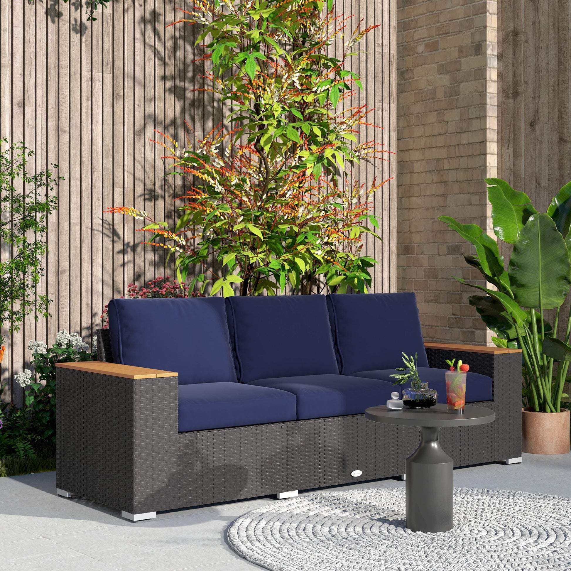 Outsunny 3 - Seat Outdoor Patio Sofa with Cushions, PE Rattan Wicker Sofa with Wide Armrests, Outdoor Wicker Couch, Navy Blue - 7DAY'S