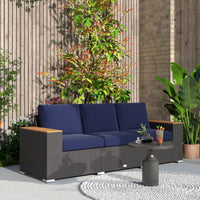 Outsunny 3 - Seat Outdoor Patio Sofa with Cushions, PE Rattan Wicker Sofa with Wide Armrests, Outdoor Wicker Couch, Navy Blue - 7DAY'S