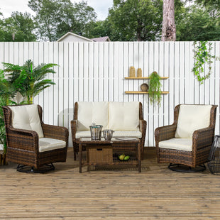 Outsunny 4pc Rattan Patio Set Outdoor Conversation with Swivel Rocking Chairs Cream - 7DAY'S