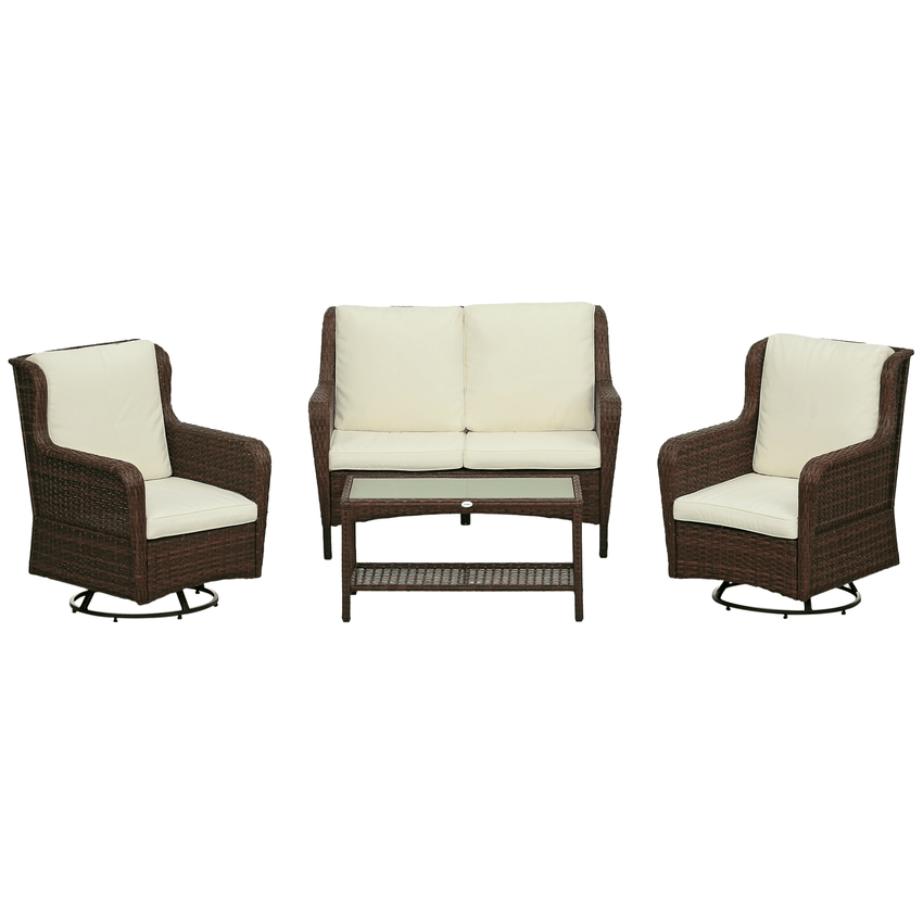 Outsunny 4pc Rattan Patio Set Outdoor Conversation with Swivel Rocking Chairs Cream - 7DAY'S