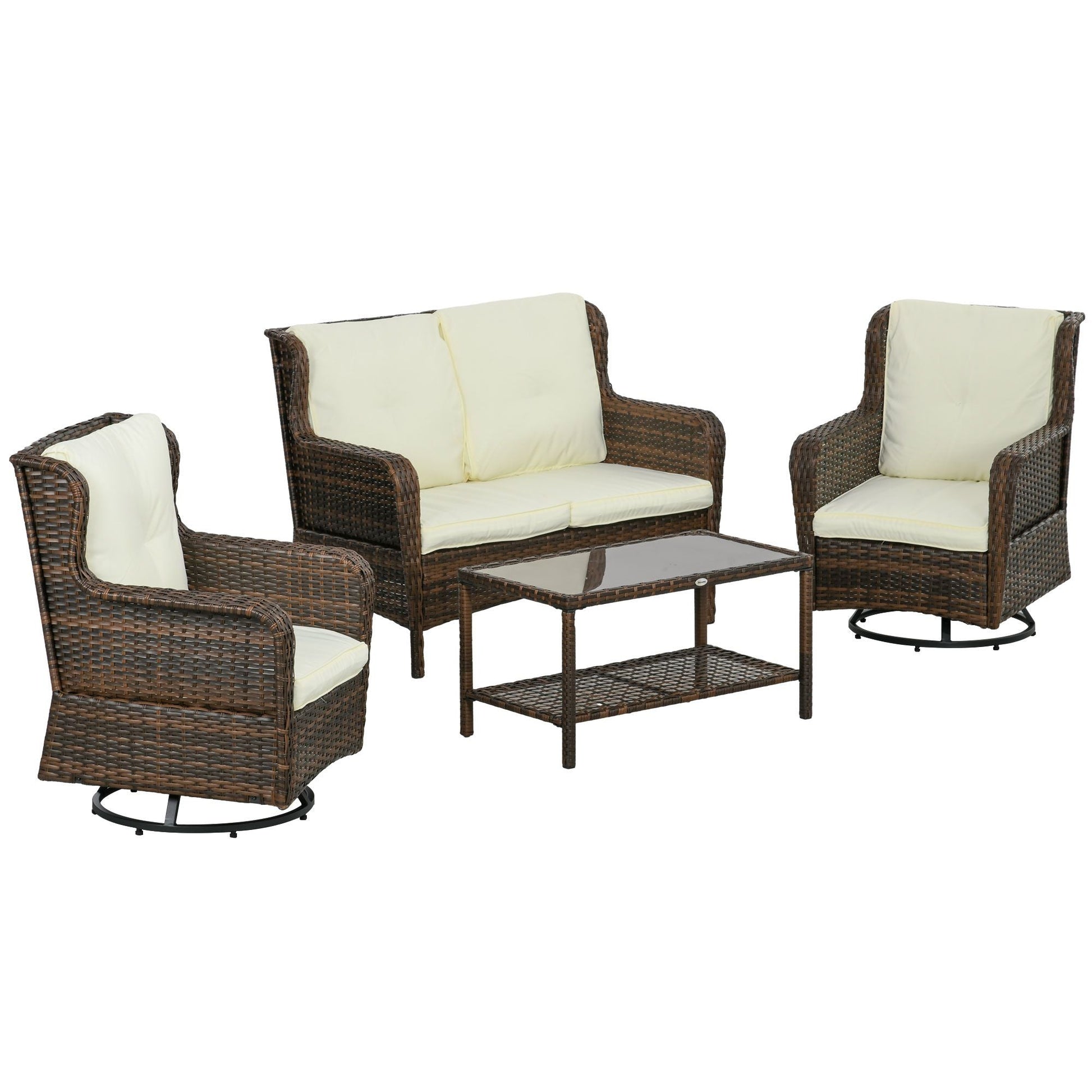 Outsunny 4pc Rattan Patio Set Outdoor Conversation with Swivel Rocking Chairs Cream - 7DAY'S