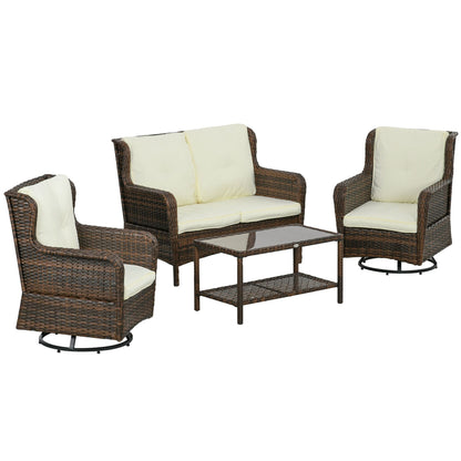 Outsunny 4pc Rattan Patio Set Outdoor Conversation with Swivel Rocking Chairs Cream - 7DAY'S