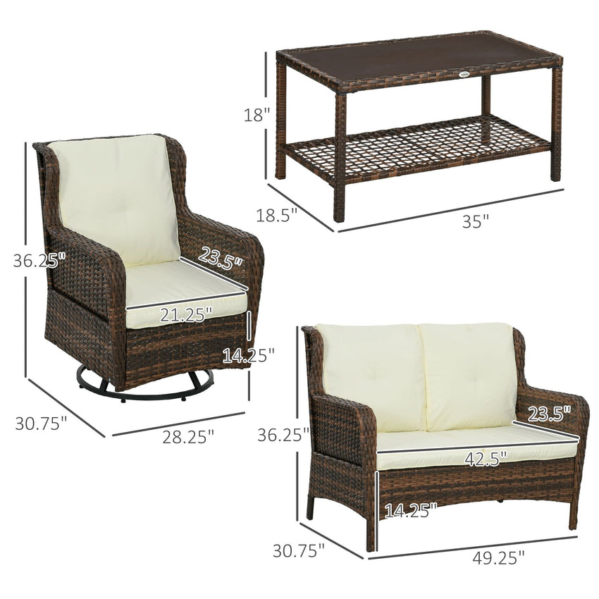 Outsunny 4pc Rattan Patio Set Outdoor Conversation with Swivel Rocking Chairs Cream - 7DAY'S