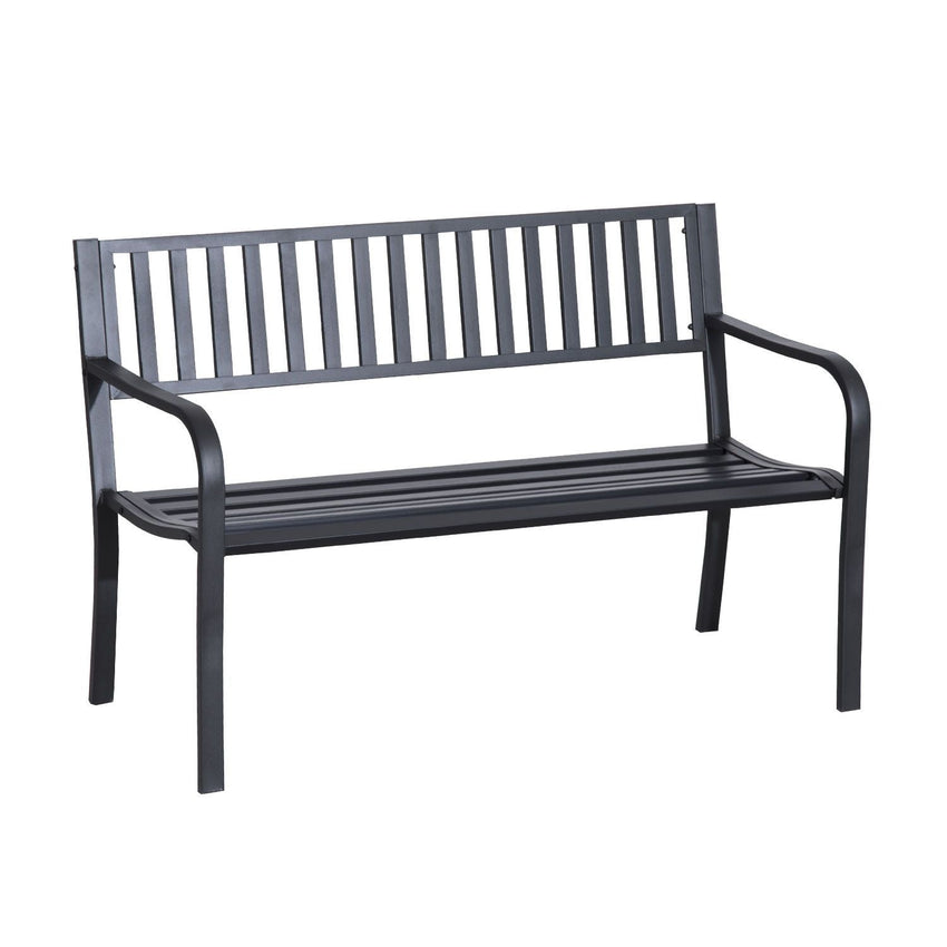Outsunny 50ft Outdoor Bench Seat, Patio Bench with Slatted Seat, Metal Porch Bench, with 2 Person Design, for Poolside, Lawn, Black - 7DAY'S