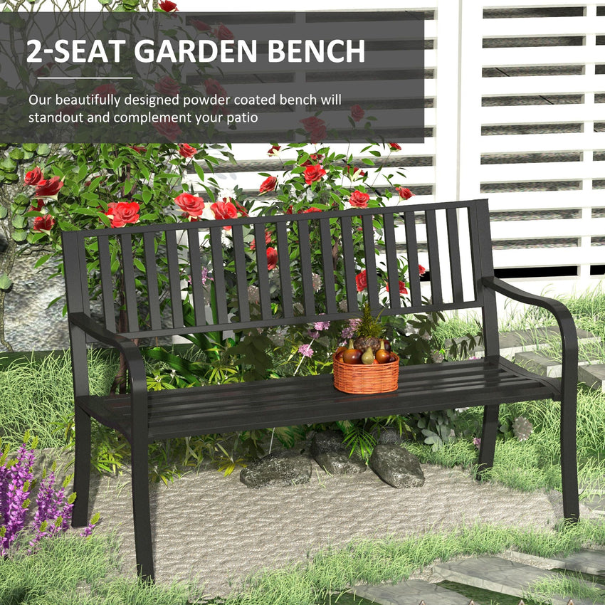 Outsunny 50ft Outdoor Bench Seat, Patio Bench with Slatted Seat, Metal Porch Bench, with 2 Person Design, for Poolside, Lawn, Black - 7DAY'S