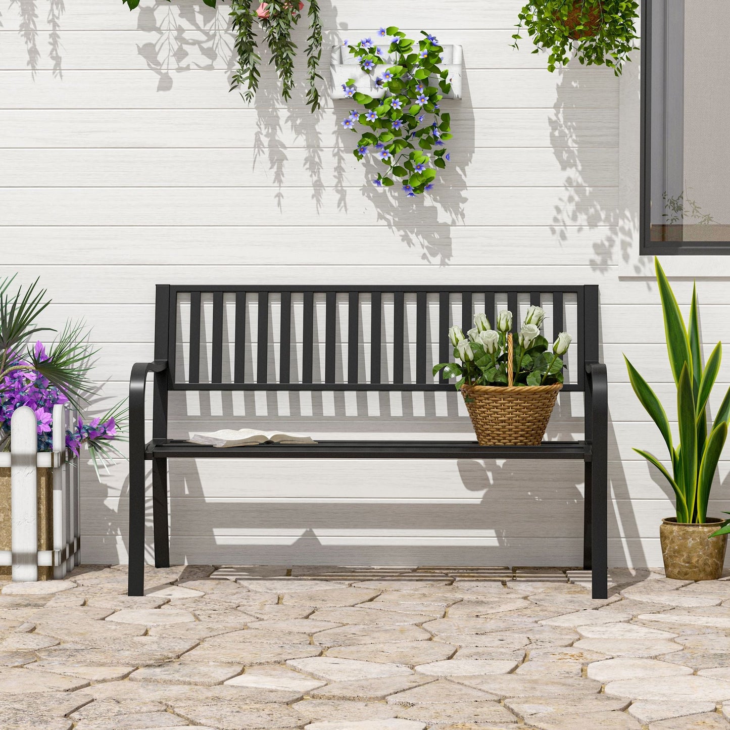 Outsunny 50ft Outdoor Bench Seat, Patio Bench with Slatted Seat, Metal Porch Bench, with 2 Person Design, for Poolside, Lawn, Black - 7DAY'S