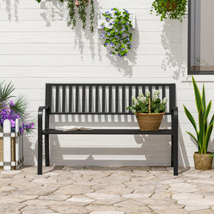 Outsunny 50ft Outdoor Bench Seat, Patio Bench with Slatted Seat, Metal Porch Bench, with 2 Person Design, for Poolside, Lawn, Black - 7DAY'S