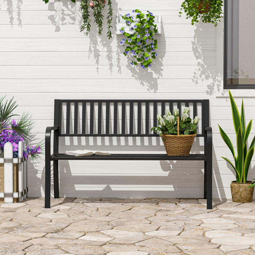 Outsunny 50ft Outdoor Bench Seat, Patio Bench with Slatted Seat, Metal Porch Bench, with 2 Person Design, for Poolside, Lawn, Black - 7DAY'S