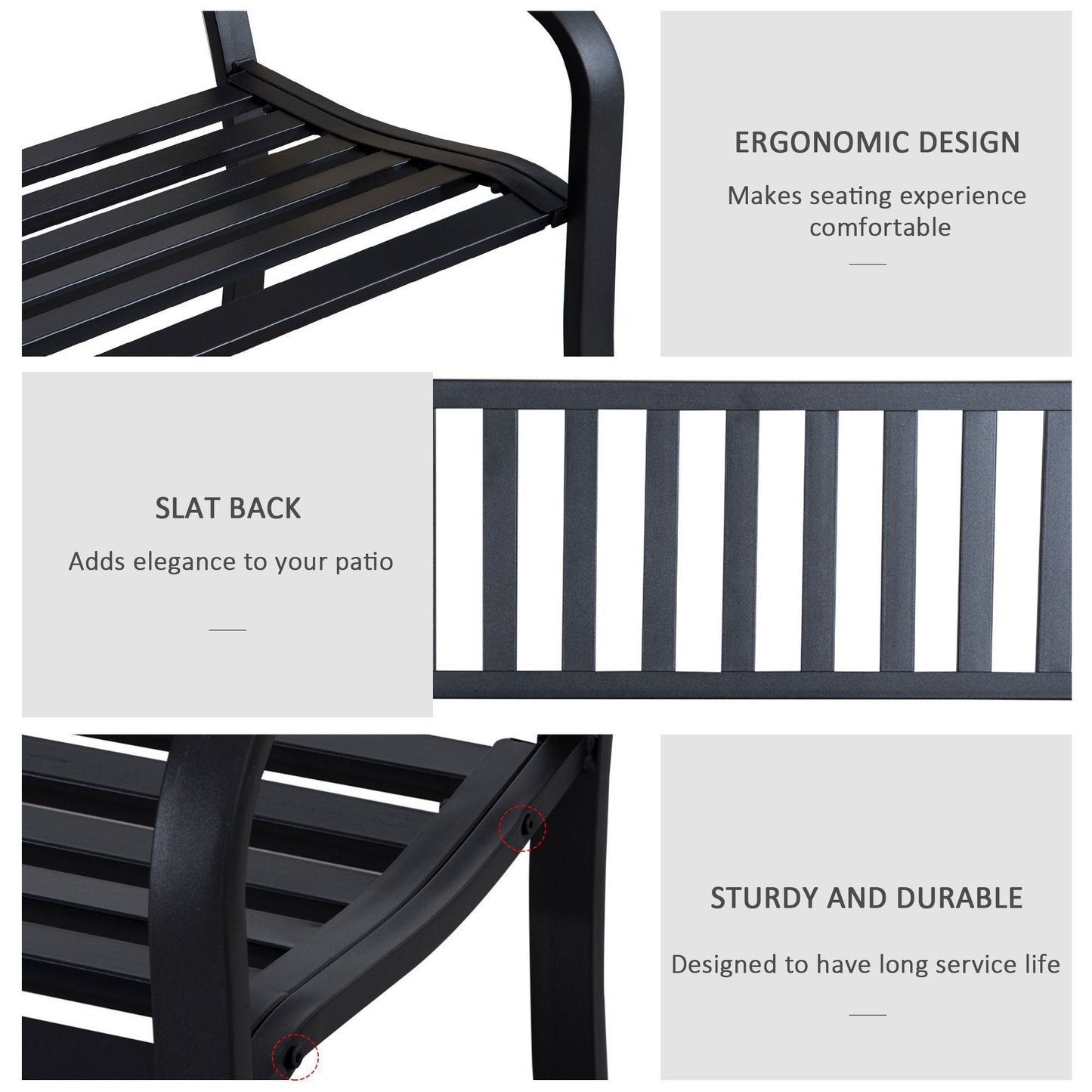 Outsunny 50ft Outdoor Bench Seat, Patio Bench with Slatted Seat, Metal Porch Bench, with 2 Person Design, for Poolside, Lawn, Black - 7DAY'S