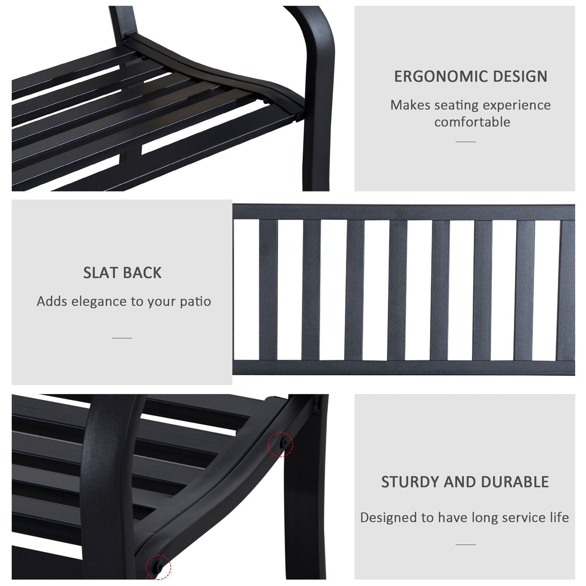 Outsunny 50ft Outdoor Bench Seat, Patio Bench with Slatted Seat, Metal Porch Bench, with 2 Person Design, for Poolside, Lawn, Black - 7DAY'S