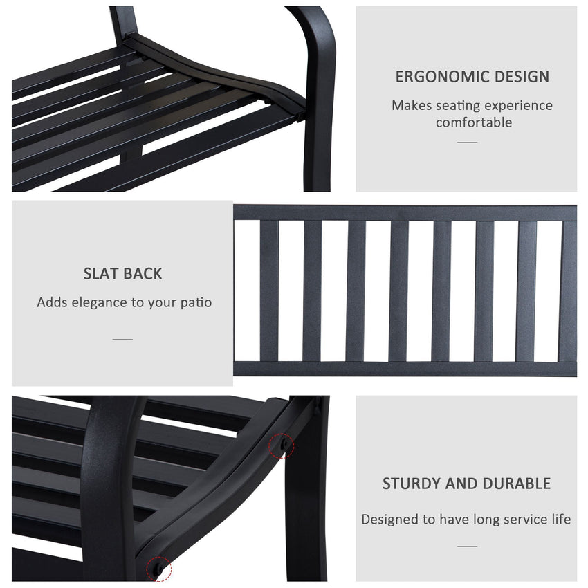 Outsunny 50ft Outdoor Bench Seat, Patio Bench with Slatted Seat, Metal Porch Bench, with 2 Person Design, for Poolside, Lawn, Black - 7DAY'S