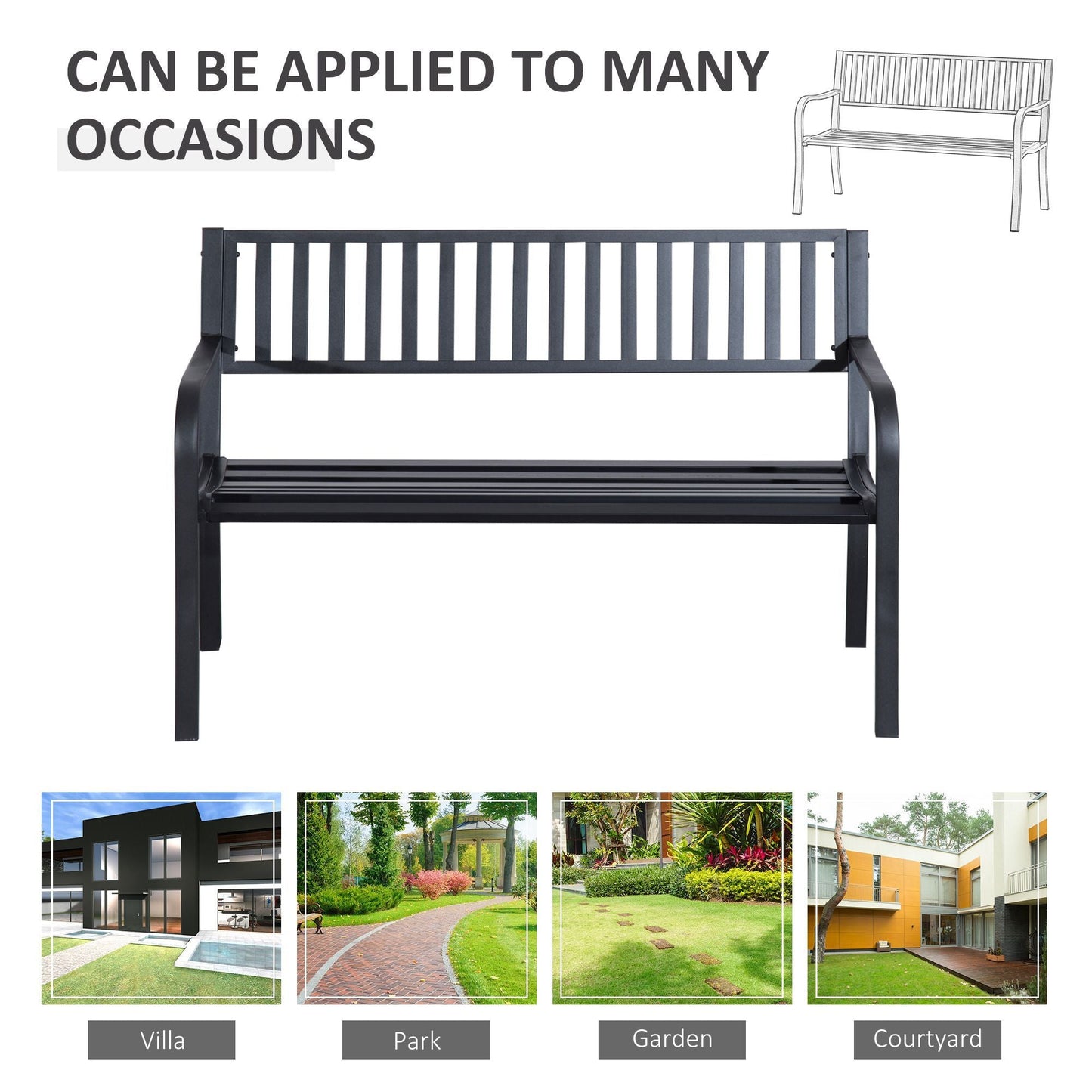 Outsunny 50ft Outdoor Bench Seat, Patio Bench with Slatted Seat, Metal Porch Bench, with 2 Person Design, for Poolside, Lawn, Black - 7DAY'S