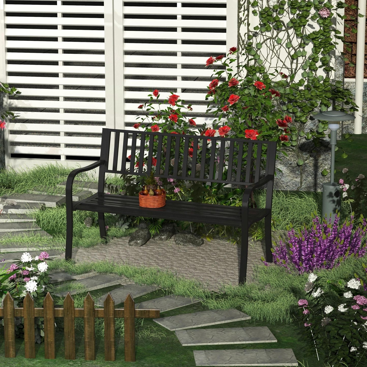 Outsunny 50ft Outdoor Bench Seat, Patio Bench with Slatted Seat, Metal Porch Bench, with 2 Person Design, for Poolside, Lawn, Black - 7DAY'S