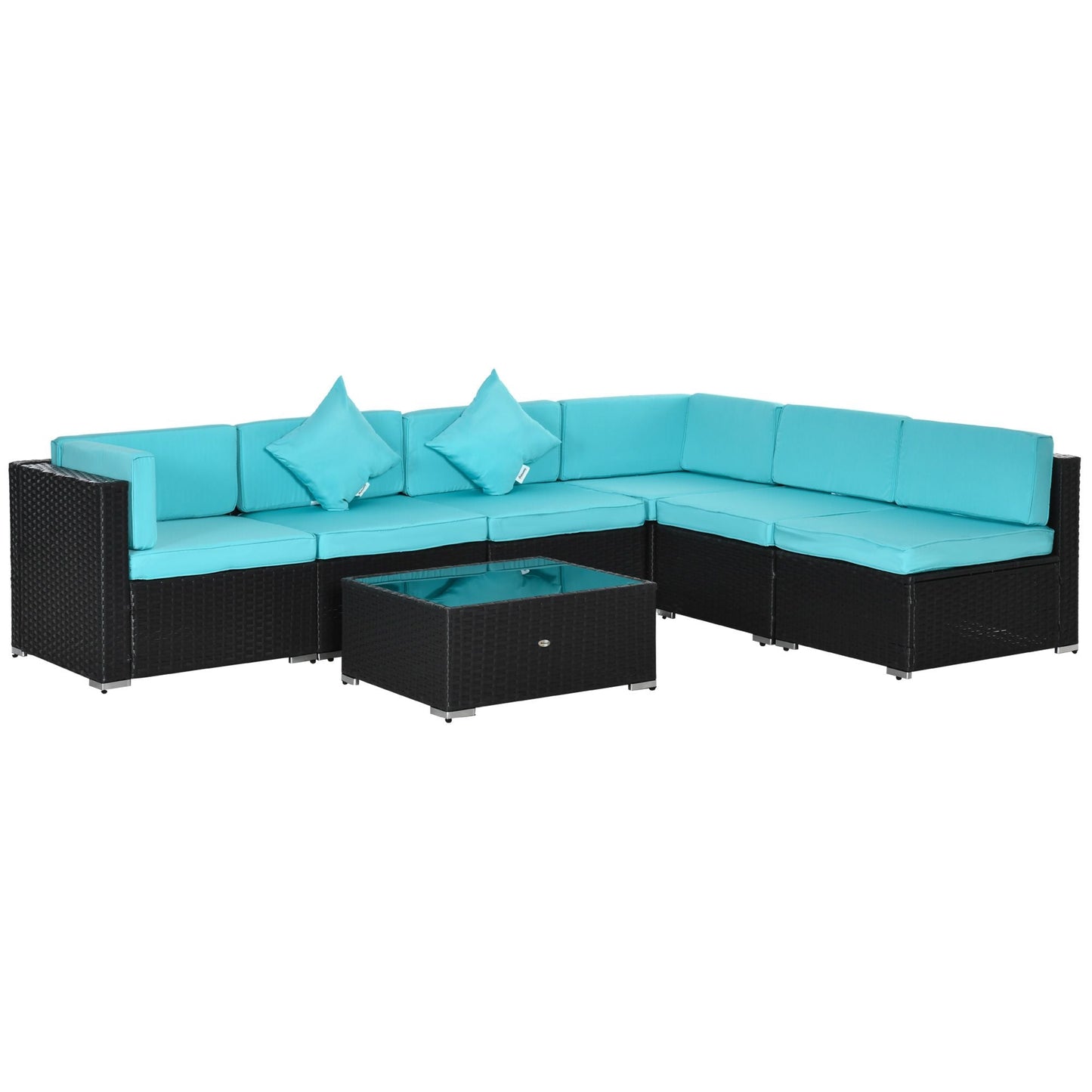 Outsunny 7 - Piece Wicker Patio Conversation Set with Cushions & Glass Table, Turquoise - 7DAY'S