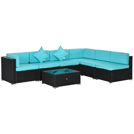 Outsunny 7 - Piece Wicker Patio Conversation Set with Cushions & Glass Table, Turquoise - 7DAY'S