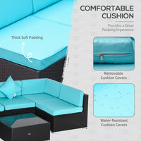 Outsunny 7 - Piece Wicker Patio Conversation Set with Cushions & Glass Table, Turquoise - 7DAY'S