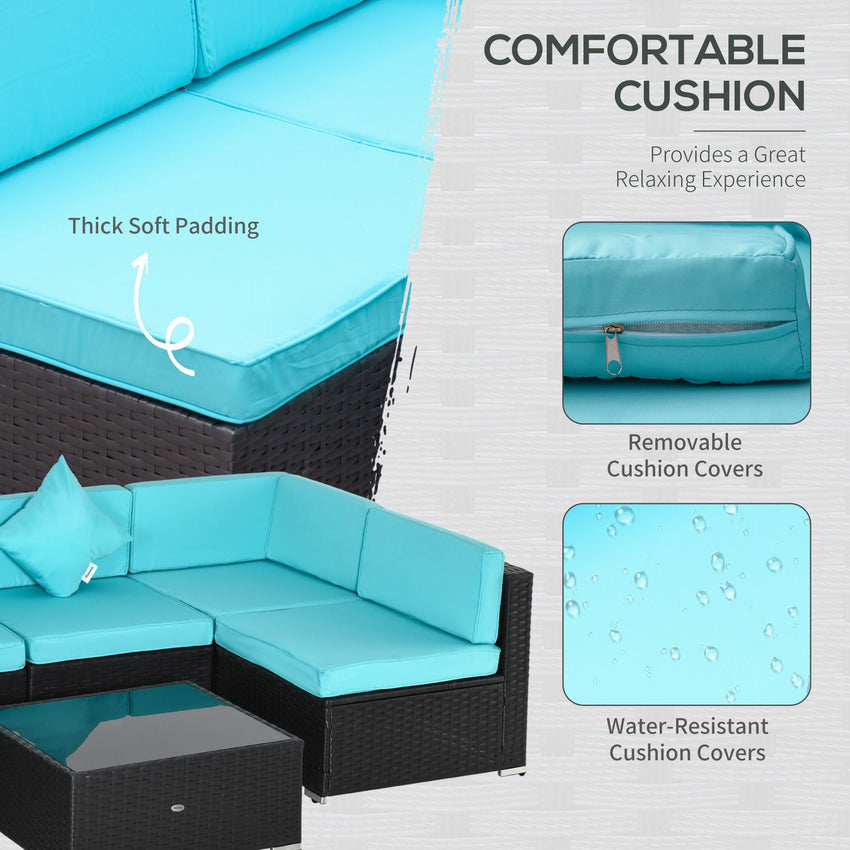 Outsunny 7 - Piece Wicker Patio Conversation Set with Cushions & Glass Table, Turquoise - 7DAY'S