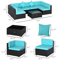 Outsunny 7 - Piece Wicker Patio Conversation Set with Cushions & Glass Table, Turquoise - 7DAY'S