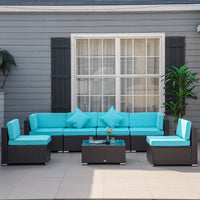 Outsunny 7 - Piece Wicker Patio Conversation Set with Cushions & Glass Table, Turquoise - 7DAY'S