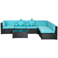 Outsunny 7 - Piece Wicker Patio Conversation Set with Cushions & Glass Table, Turquoise - 7DAY'S