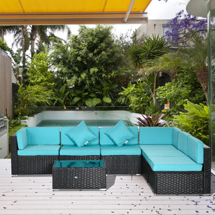 Outsunny 7 - Piece Wicker Patio Conversation Set with Cushions & Glass Table, Turquoise - 7DAY'S