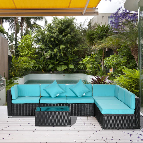 Outsunny 7 - Piece Wicker Patio Conversation Set with Cushions & Glass Table, Turquoise - 7DAY'S