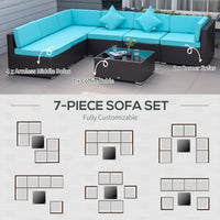 Outsunny 7 - Piece Wicker Patio Conversation Set with Cushions & Glass Table, Turquoise - 7DAY'S