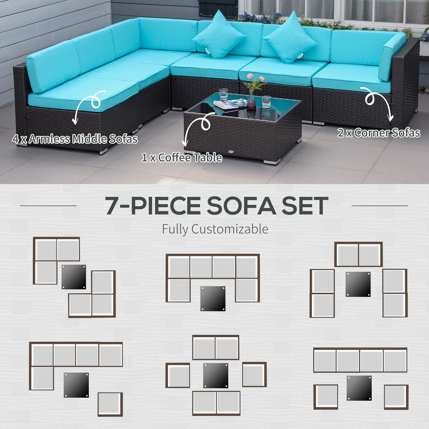 Outsunny 7 - Piece Wicker Patio Conversation Set with Cushions & Glass Table, Turquoise - 7DAY'S