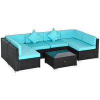 Outsunny 7 - Piece Wicker Patio Conversation Set with Cushions & Glass Table, Turquoise - 7DAY'S