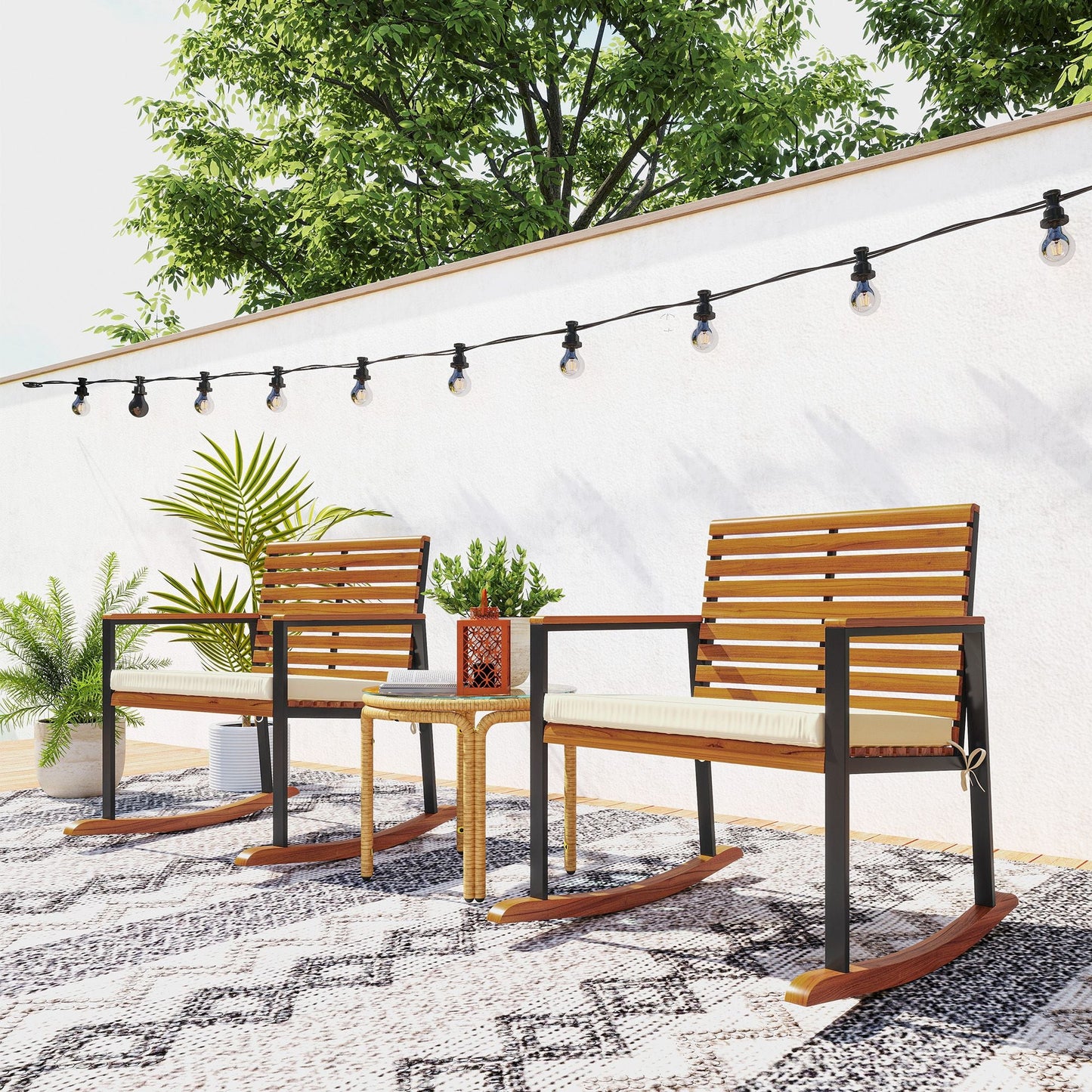 Outsunny Acacia Wood Outdoor Lawn Rocking Chair Set of 2, Outdoor Patio Rocking Chairs with Armrests, Cushion, Cream White - 7DAY'S