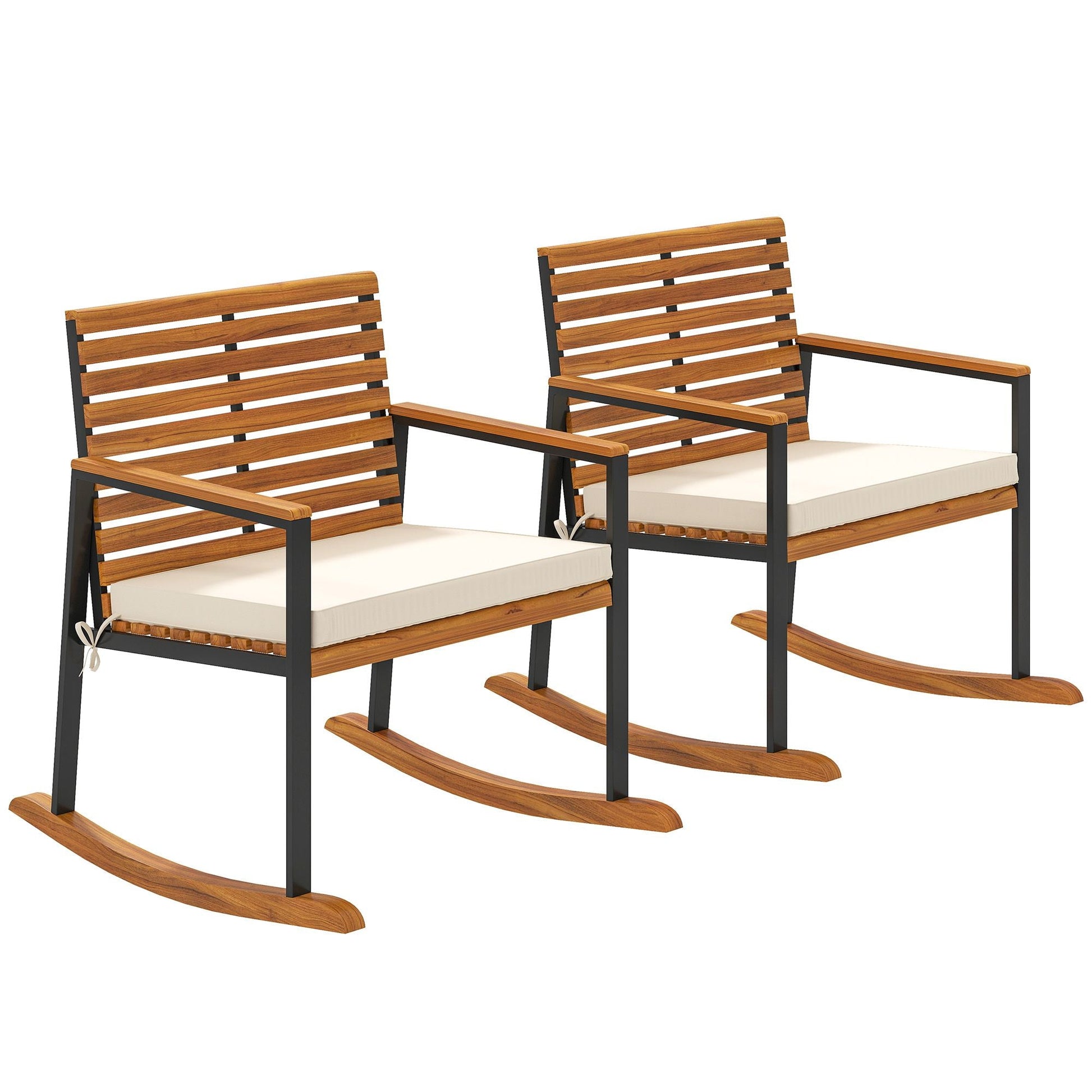 Outsunny Acacia Wood Outdoor Lawn Rocking Chair Set of 2, Outdoor Patio Rocking Chairs with Armrests, Cushion, Cream White - 7DAY'S