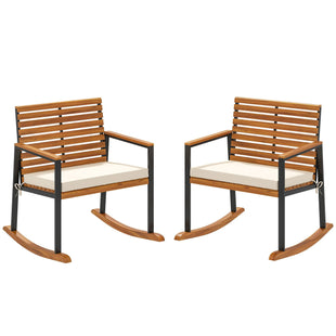 Acacia Wood Outdoor Lawn Rocking Chair Set of 2, Outdoor Patio Rocking Chairs with Armrests, Cushion, Cream White