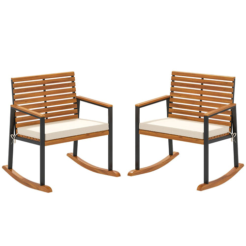 Acacia Wood Outdoor Lawn Rocking Chair Set of 2, Outdoor Patio Rocking Chairs with Armrests, Cushion, Cream White