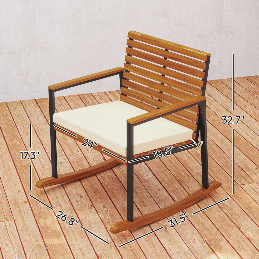 Outsunny Acacia Wood Outdoor Lawn Rocking Chair Set of 2, Outdoor Patio Rocking Chairs with Armrests, Cushion, Cream White - 7DAY'S
