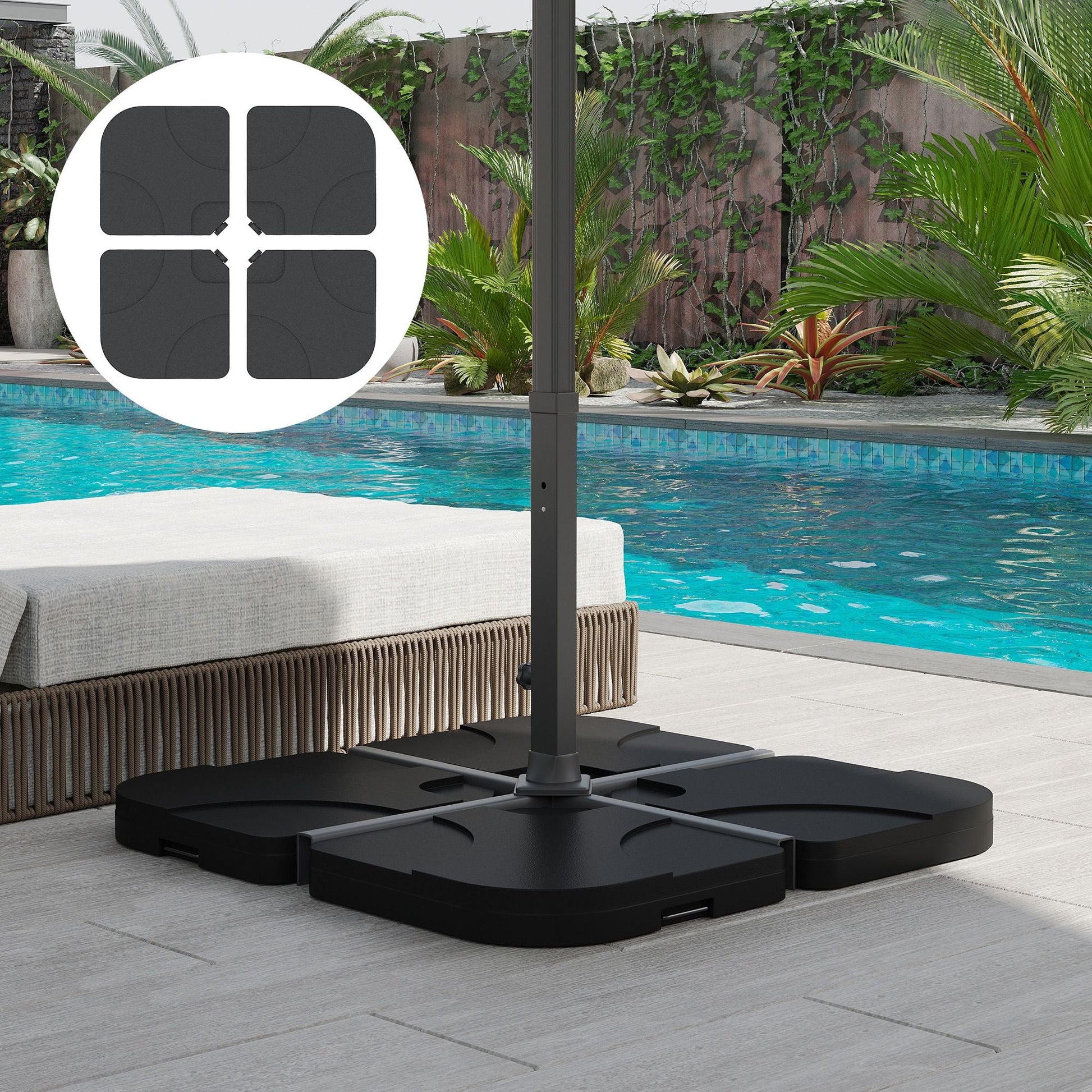 Outsunny Cantilever Patio Umbrella Base, 4 - Piece Offset Stand, 158 lb Sand or 60L Water Capacity, Black - 7DAY'S