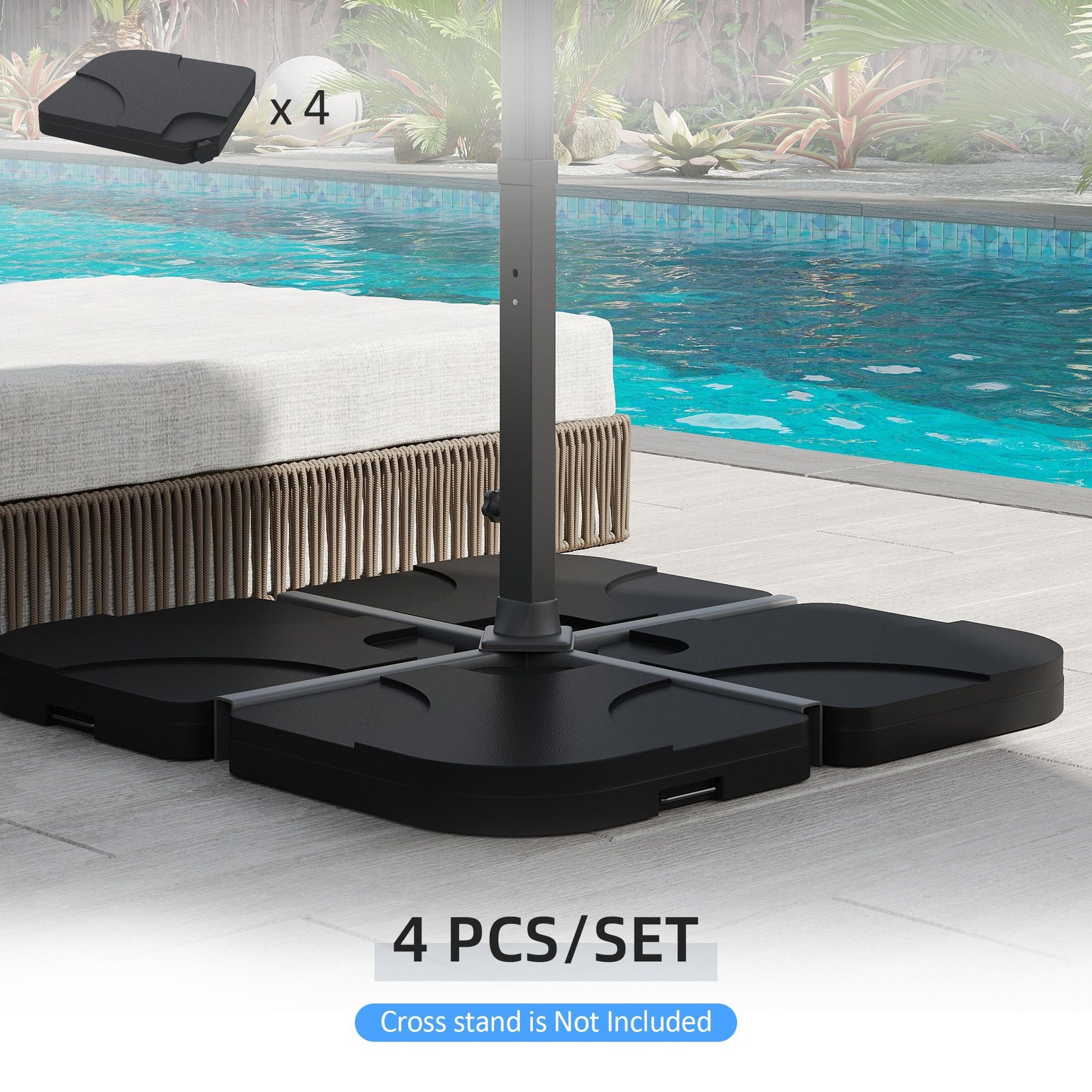 Outsunny Cantilever Patio Umbrella Base, 4 - Piece Offset Stand, 158 lb Sand or 60L Water Capacity, Black - 7DAY'S