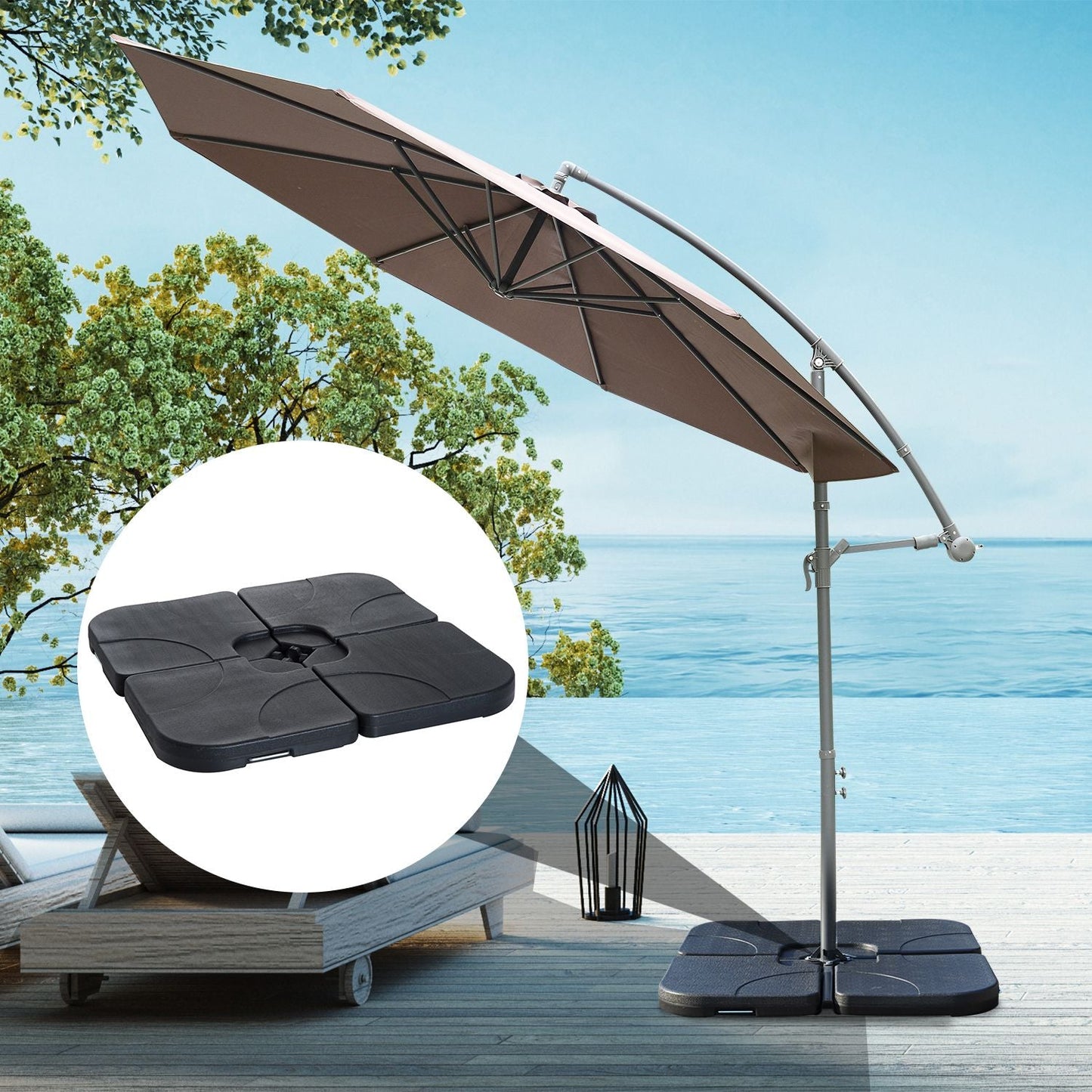 Outsunny Cantilever Patio Umbrella Base, 4 - Piece Offset Stand, 158 lb Sand or 60L Water Capacity, Black - 7DAY'S