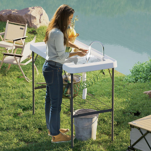 Outsunny Folding Fish Cleaning Table with Sink, Portable Camping Table with Faucet, Drainage Hose, Sprayer and Shelf, White - 7DAY'S