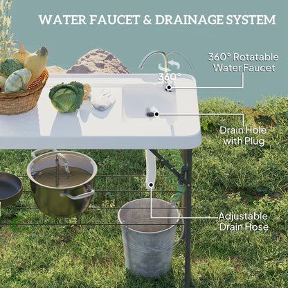 Outsunny Folding Fish Cleaning Table with Sink, Portable Camping Table with Faucet, Drainage Hose, Sprayer and Shelf, White - 7DAY'S