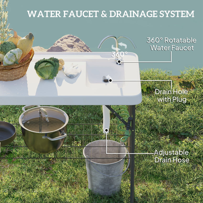 Outsunny Folding Fish Cleaning Table with Sink, Portable Camping Table with Faucet, Drainage Hose, Sprayer and Shelf, White - 7DAY'S