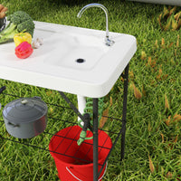 Outsunny Folding Fish Cleaning Table with Sink, Portable Camping Table with Faucet, Drainage Hose, Sprayer and Shelf, White - 7DAY'S
