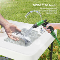 Outsunny Folding Fish Cleaning Table with Sink, Portable Camping Table with Faucet, Drainage Hose, Sprayer and Shelf, White - 7DAY'S
