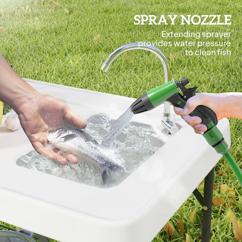 Outsunny Folding Fish Cleaning Table with Sink, Portable Camping Table with Faucet, Drainage Hose, Sprayer and Shelf, White - 7DAY'S