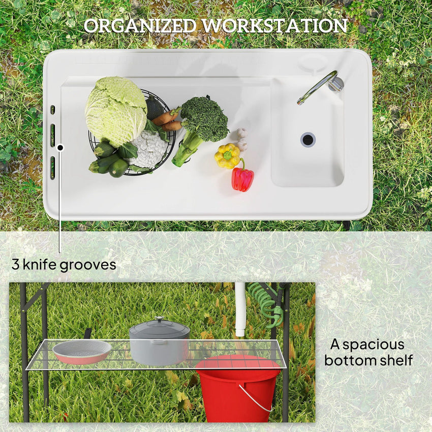 Outsunny Folding Fish Cleaning Table with Sink, Portable Camping Table with Faucet, Drainage Hose, Sprayer and Shelf, White - 7DAY'S