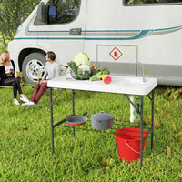 Outsunny Folding Fish Cleaning Table with Sink, Portable Camping Table with Faucet, Drainage Hose, Sprayer and Shelf, White - 7DAY'S