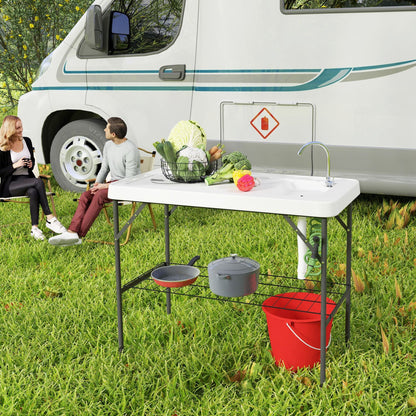 Outsunny Folding Fish Cleaning Table with Sink, Portable Camping Table with Faucet, Drainage Hose, Sprayer and Shelf, White - 7DAY'S
