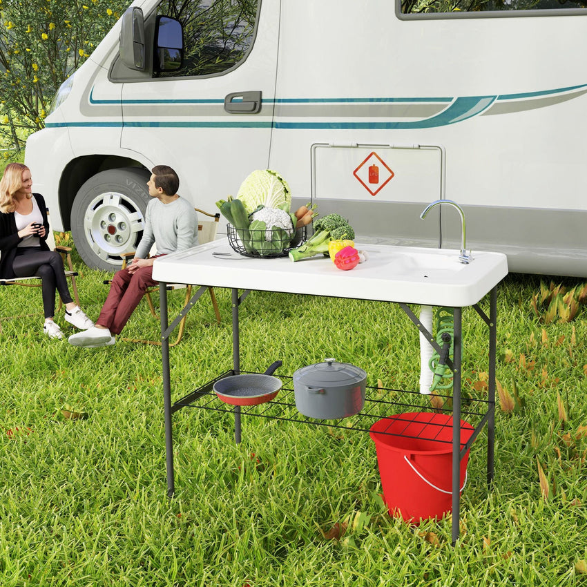 Outsunny Folding Fish Cleaning Table with Sink, Portable Camping Table with Faucet, Drainage Hose, Sprayer and Shelf, White - 7DAY'S