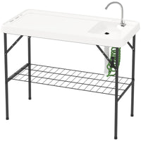 Outsunny Folding Fish Cleaning Table with Sink, Portable Camping Table with Faucet, Drainage Hose, Sprayer and Shelf, White - 7DAY'S