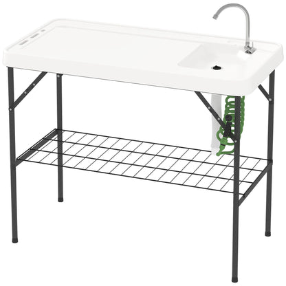 Outsunny Folding Fish Cleaning Table with Sink, Portable Camping Table with Faucet, Drainage Hose, Sprayer and Shelf, White - 7DAY'S